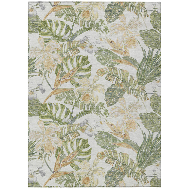 9' X 12' Ivory Wheat And Olive Green Botanical Leaves Washable Indoor Outdoor Area Rug