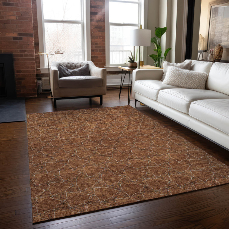 9' X 12' Orange And Ivory Geometric Washable Indoor Outdoor Area Rug Transitional Style - Orange, Ivory Color