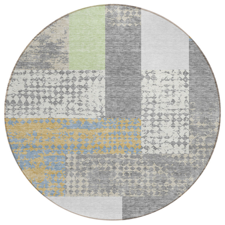 8' Gray Ivory And Mint Green Round Geometric Washable Indoor Outdoor Area Rug