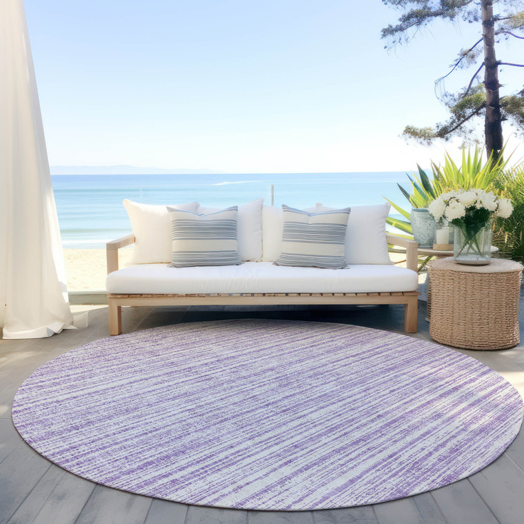 8' Lavender And Ivory Round Striped Washable Indoor Outdoor Area Rug