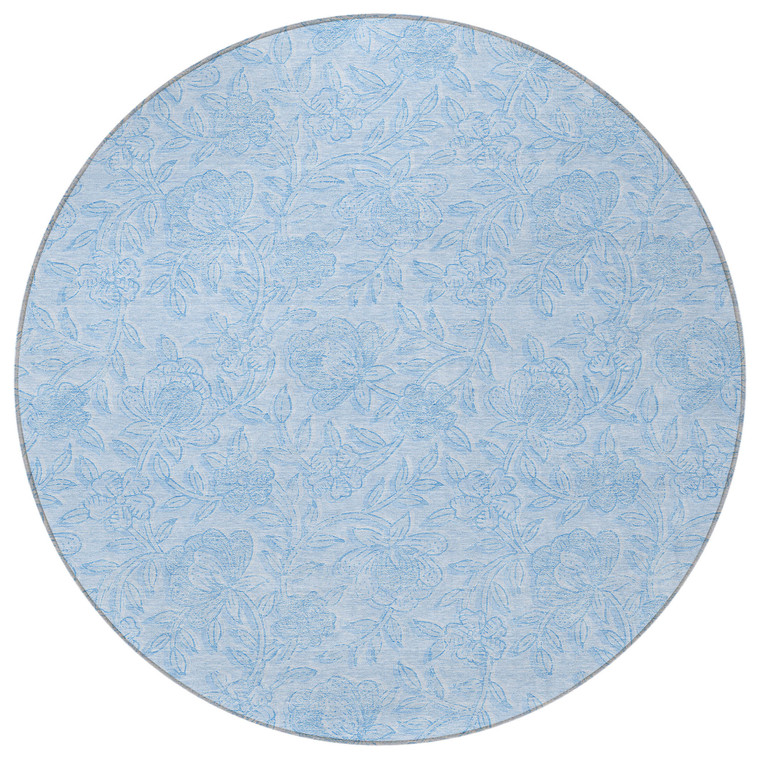 8' Sky Blue And Blue Round Floral Washable Indoor Outdoor Area Rug