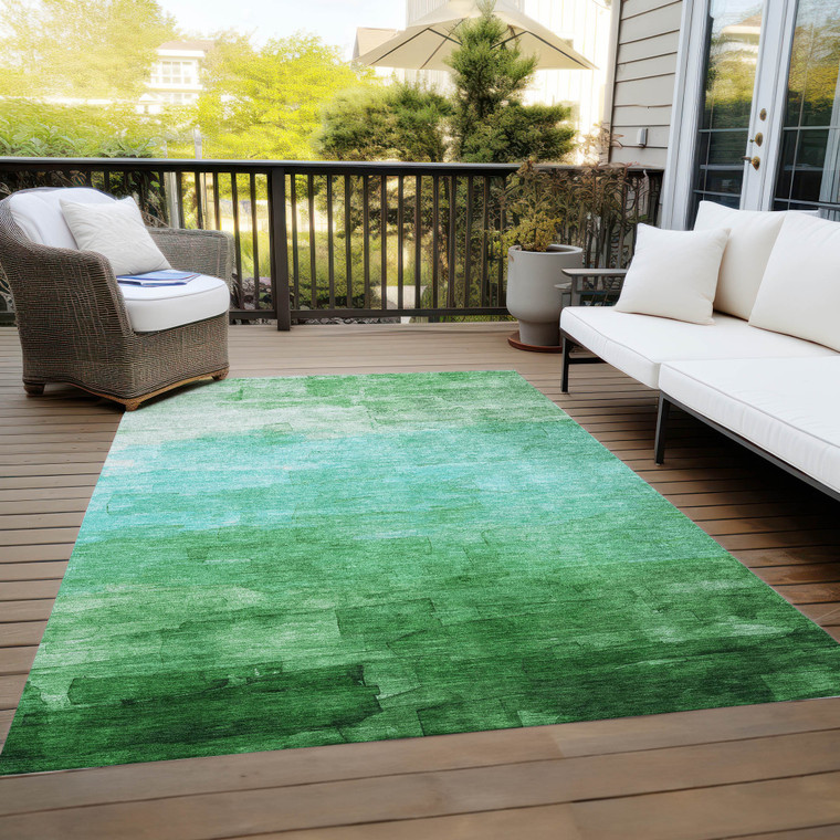 10' X 14' Green And Teal Blue Striped Washable Indoor Outdoor Area Rug