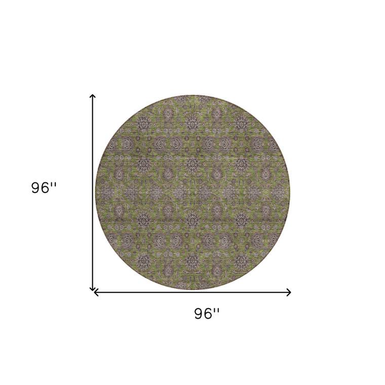 8' Olive Green Beige And Taupe Round Floral Washable Indoor Outdoor Area Rug