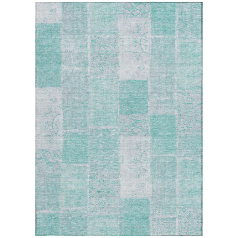 8' X 10' Aqua Teal Blue And Silver Patchwork Washable Indoor Outdoor Area Rug