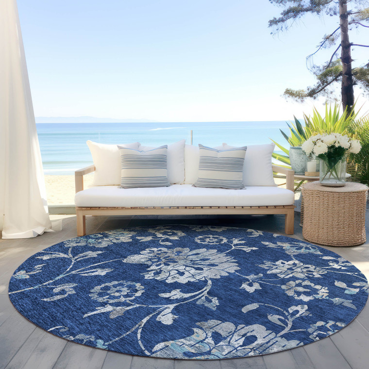 8' Navy Blue And Gray Round Floral Washable Indoor Outdoor Area Rug