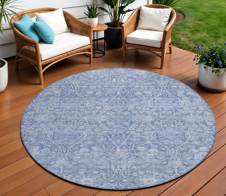 8' Denim Blue And Ivory Round Floral Washable Indoor Outdoor Area Rug - 880016778458