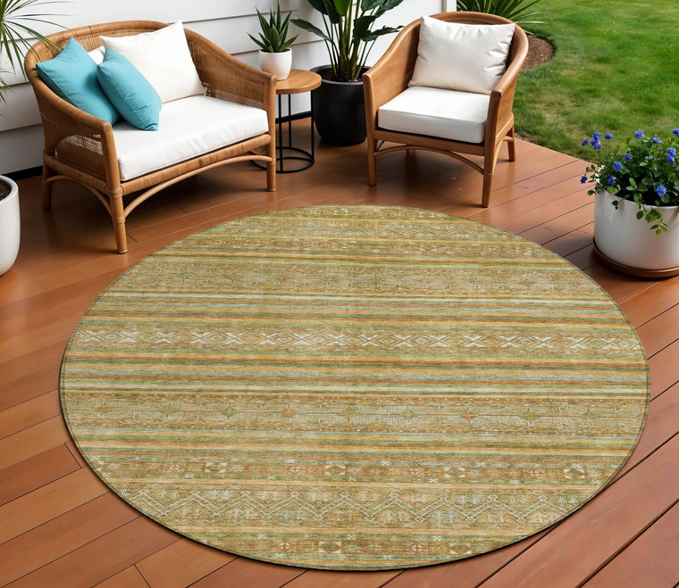8' Artichoke Green Gold And Beige Round Southwestern Washable Indoor Outdoor Area Rug