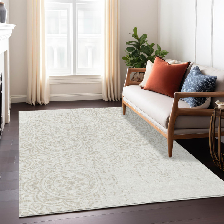 8' X 10' Ivory And Beige Medallion Washable Indoor Outdoor Area Rug