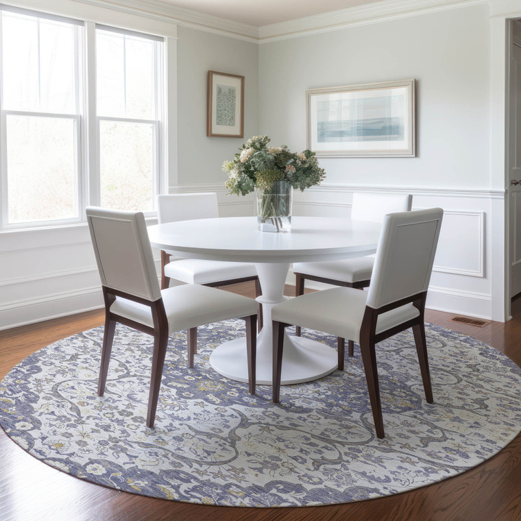 8' Lavender And Ivory Round Medallion Washable Indoor Outdoor Area Rug