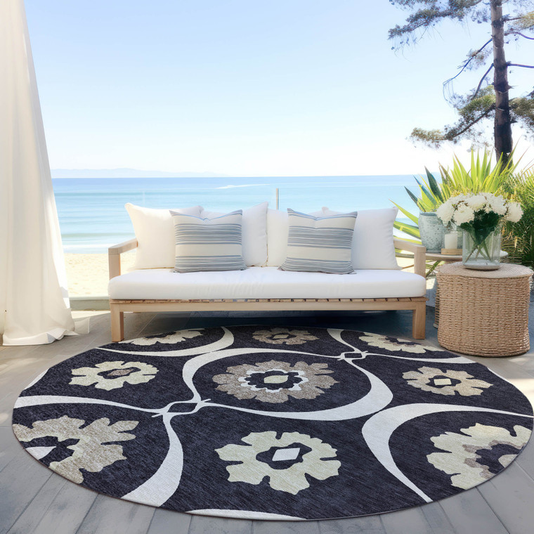 8' Black Ivory And Taupe Round Medallion Washable Indoor Outdoor Area Rug - 608219305116