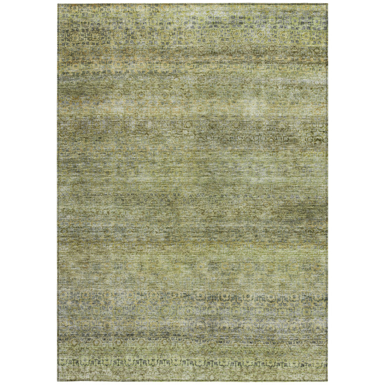 10' X 14' Artichoke Green Brown And Gray Striped Washable Indoor Outdoor Area Rug