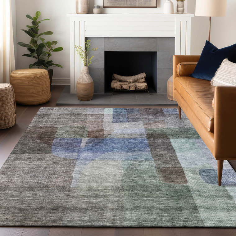 9' X 12' Brown Green And Blue Abstract Washable Indoor Outdoor Area Rug