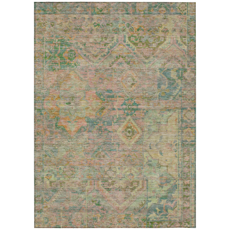 9' X 12' Green Teal Blue And Mauve Floral Medallion Washable Indoor Outdoor Area Rug
