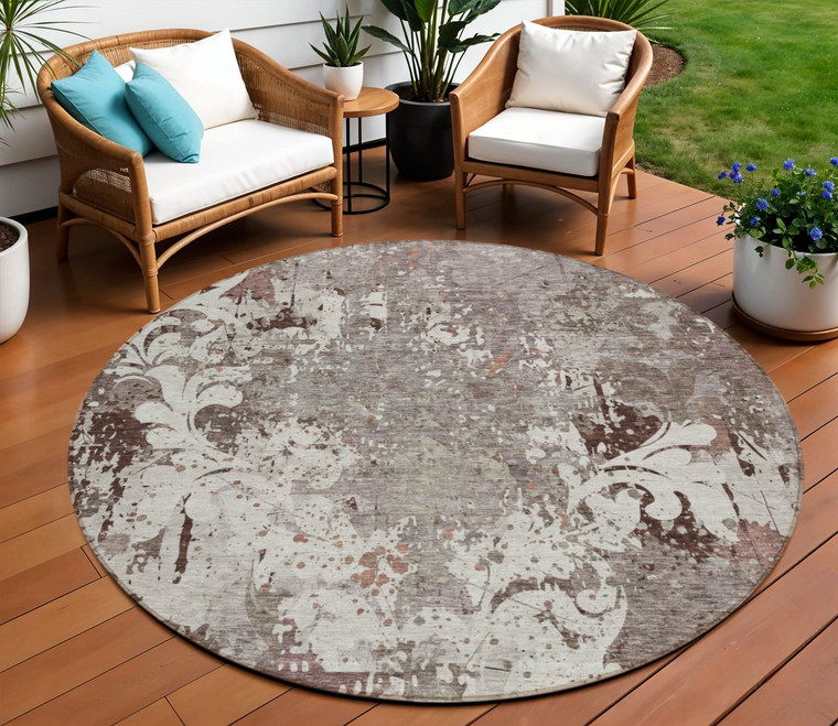 8' Taupe Ivory And Brown Round Damask Washable Indoor Outdoor Area Rug