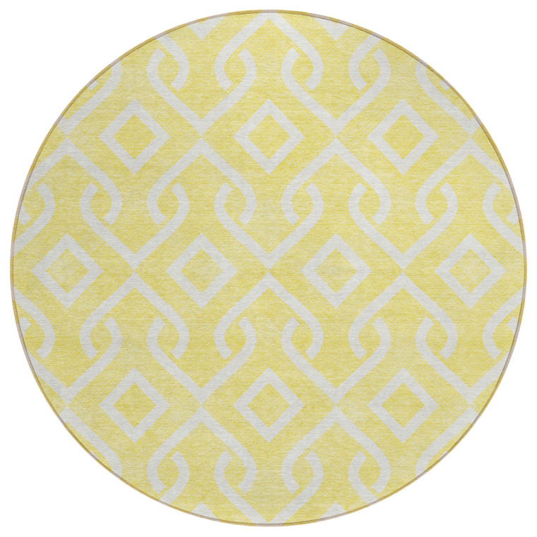 8' Yellow And Ivory Round Geometric Washable Indoor Outdoor Area Rug - Yellow, Ivory