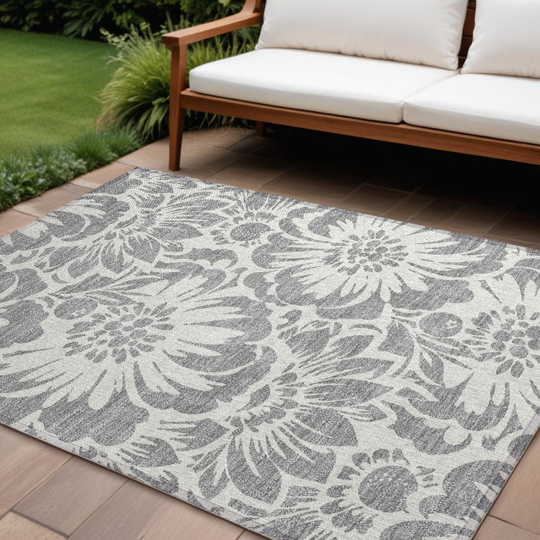 10' X 14' Gray and Ivory Floral Washable Non Skid Indoor Outdoor Area Rug