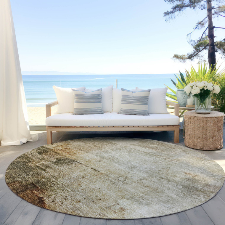 8' Linen Black And Copper Round Abstract Washable Indoor Outdoor Area Rug