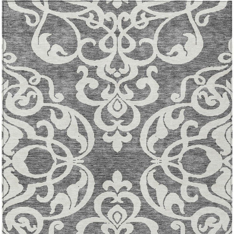 10' X 14' Gray And Ivory Damask Washable Indoor Outdoor Area Rug - Gray, Ivory
