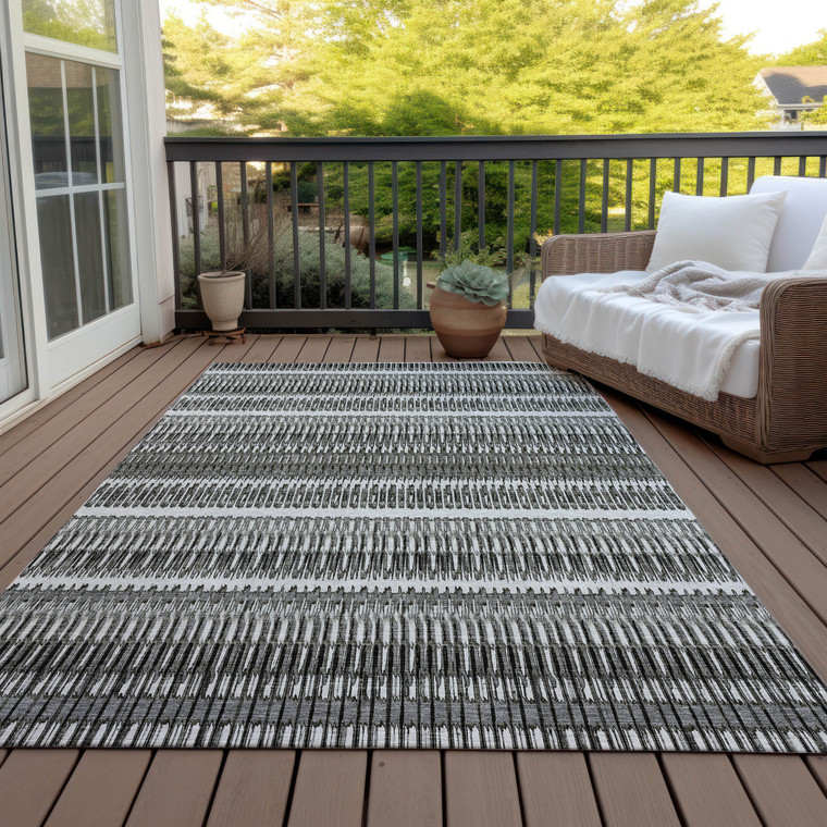 8' X 10' Gray Charcoal And Ivory Striped Washable Indoor Outdoor Area Rug