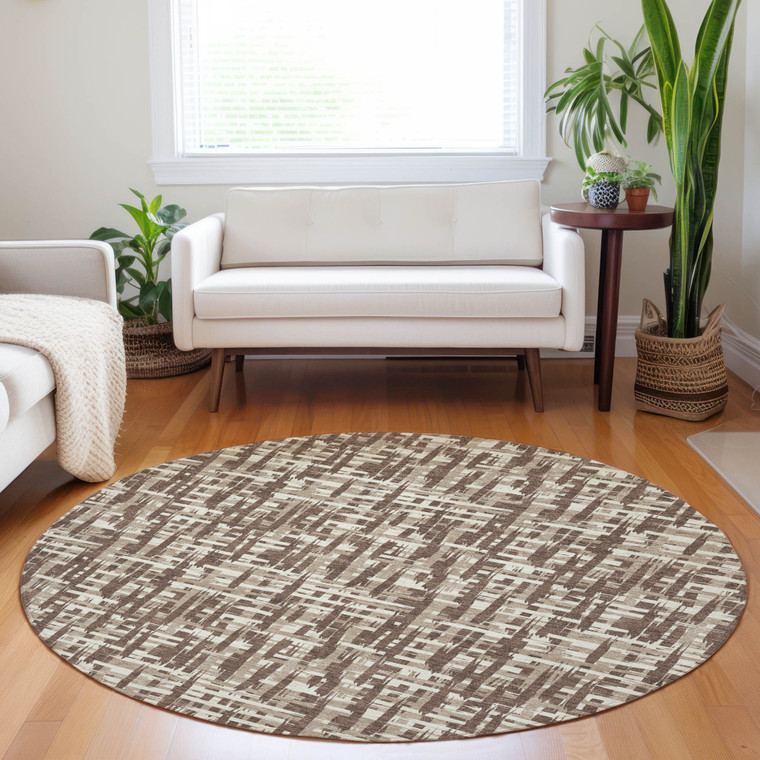 8' Brown Tan And Beige Round Abstract Washable Indoor Outdoor Area Rug