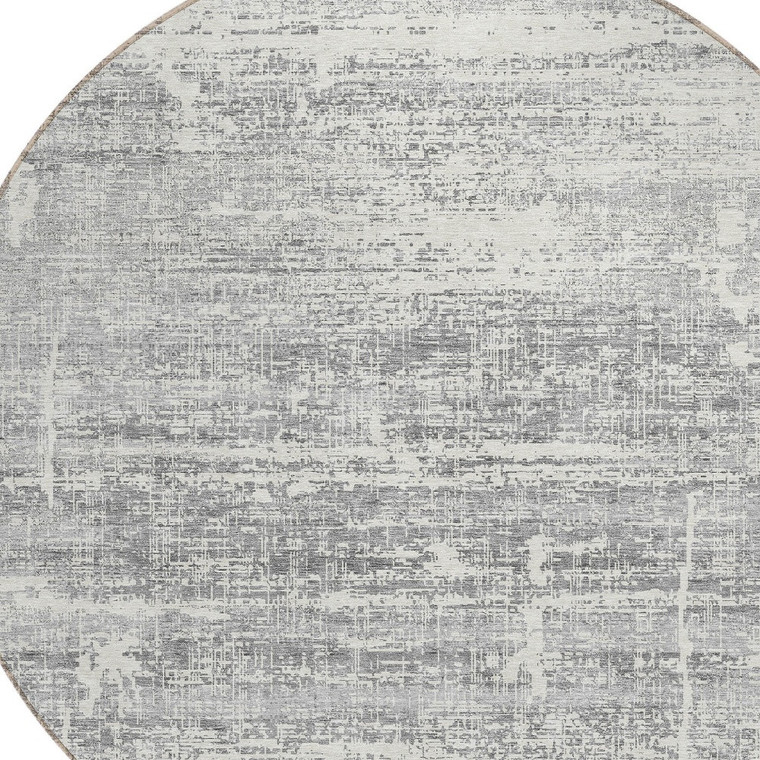 8' Silver Gray And Charcoal Round Abstract Washable Indoor Outdoor Area Rug - Silver, Gray, Charcoal