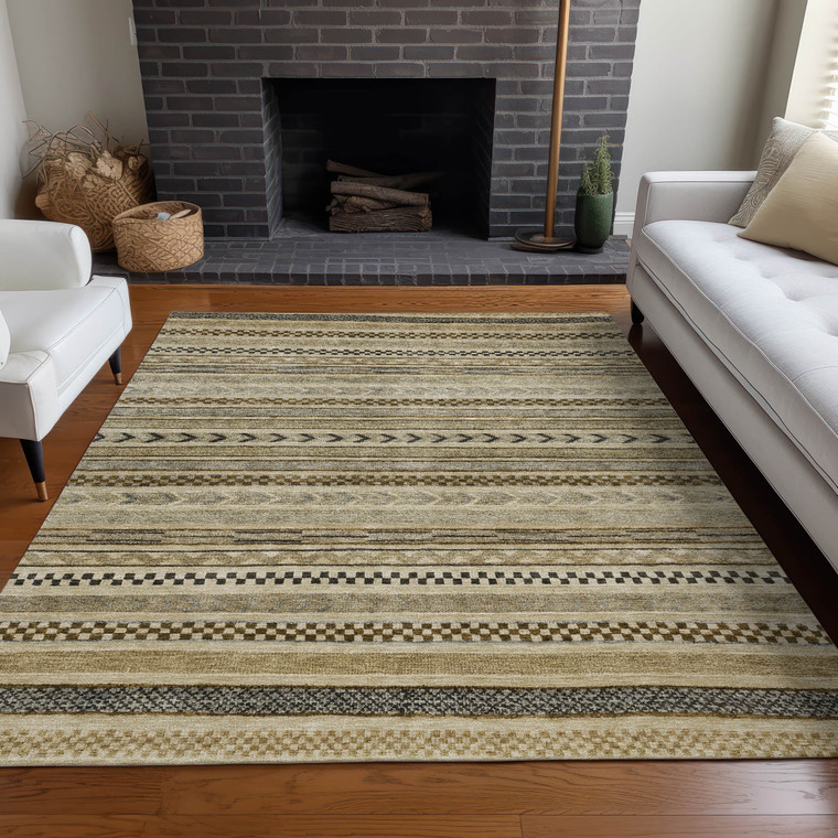 9' X 12' Chocolate And Taupe Striped Washable Indoor Outdoor Area Rug