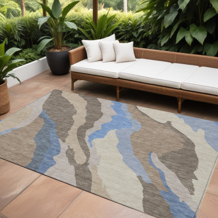 9' X 12' Taupe Tan And Blue Abstract Washable Indoor Outdoor Area Rug
