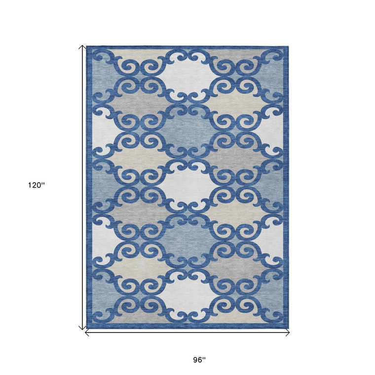 8' X 10' Navy Blue Gray And Ivory Trellis Washable Indoor Outdoor Area Rug