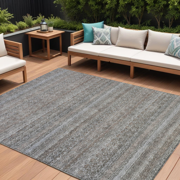 10' X 14' Brown And Beige Striped Washable Indoor Outdoor Area Rug - Brown, Beige
