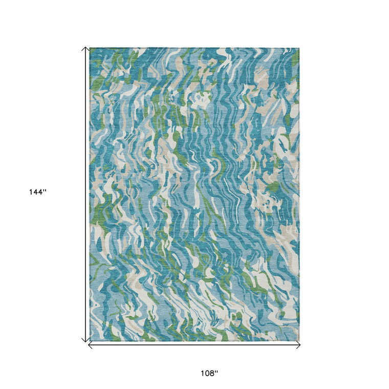 9' X 12' Teal Blue Ivory And Green Abstract Washable Indoor Outdoor Area Rug