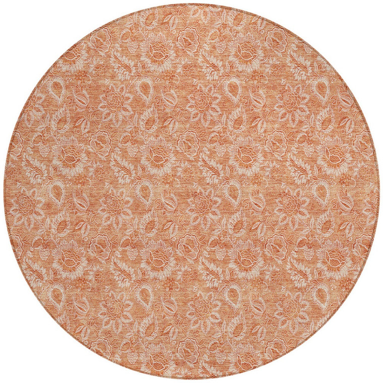 8' Salmon And Copper Round Floral Washable Indoor Outdoor Area Rug
