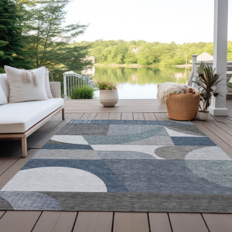 8' X 10' Gray Blue And Ivory Geometric Washable Indoor Outdoor Area Rug