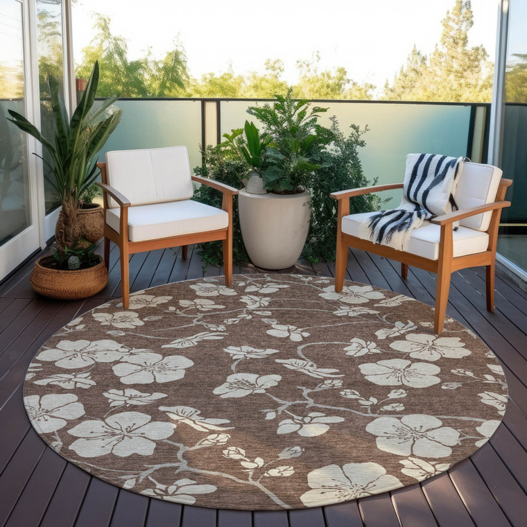 8' Brown And Beige Round Floral Washable Indoor Outdoor Area Rug - 880016448757