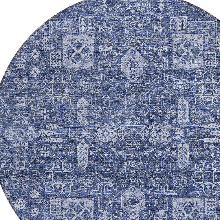 8' Navy Blue And Sky Blue Round Oriental Washable Indoor Outdoor Area Rug