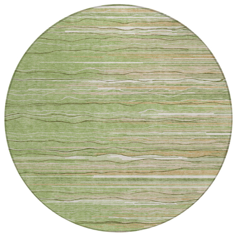 8' Green Beige And Ivory Round Striped Washable Indoor Outdoor Area Rug
