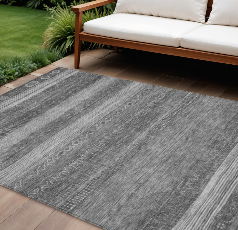 10' X 14' Gray And Silver Aztec Washable Indoor Outdoor Area Rug