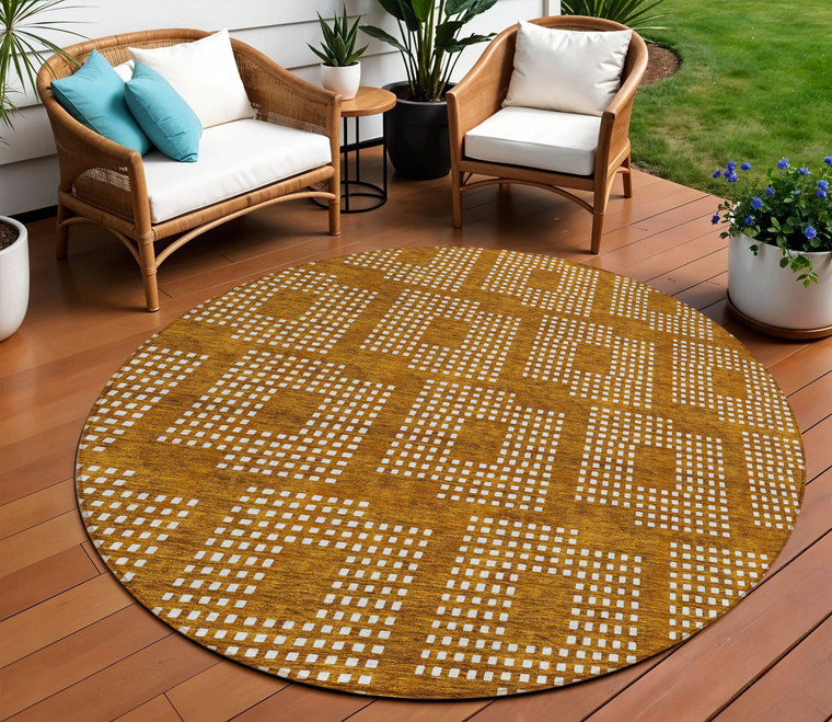 8' Terra Cotta And Ivory Round Geometric Washable Indoor Outdoor Area Rug