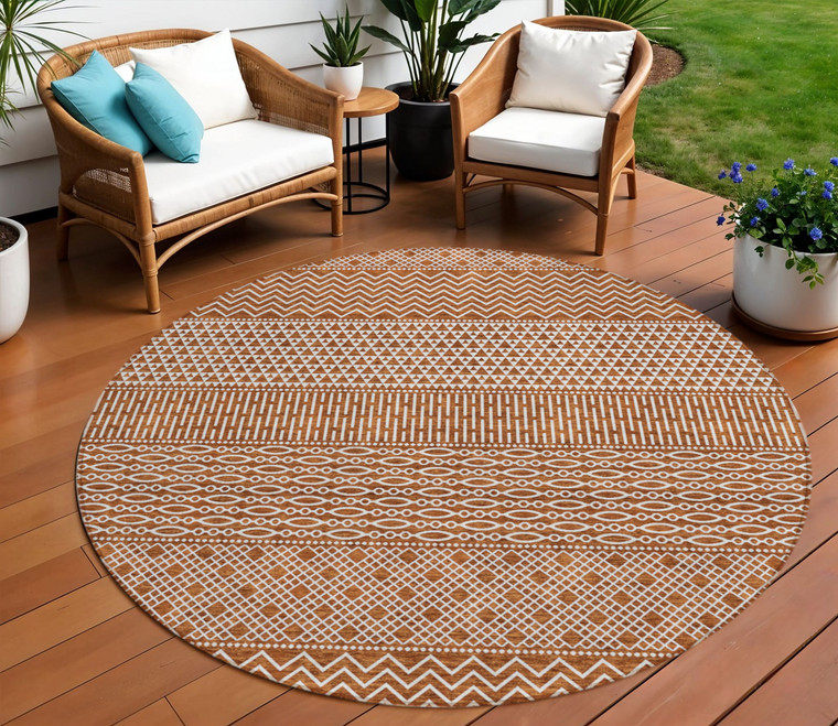 8' Orange And Ivory Round Chevron Washable Indoor Outdoor Area Rug - Orange, Ivory