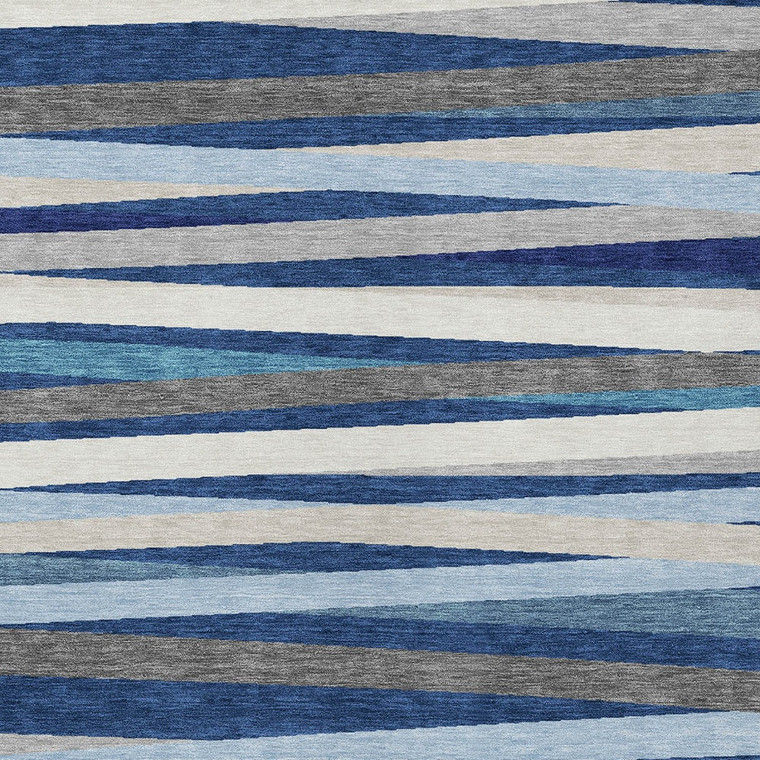 10' X 14' Navy Blue Ivory And Gray Striped Washable Indoor Outdoor Area Rug