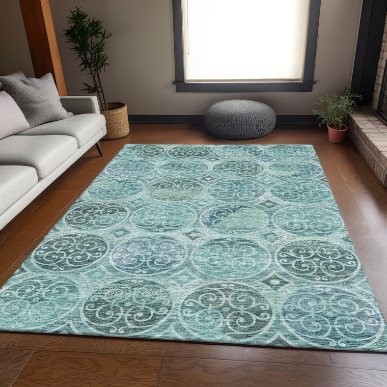 8' X 10' Teal Blue And Aqua Trellis Washable Indoor Outdoor Area Rug