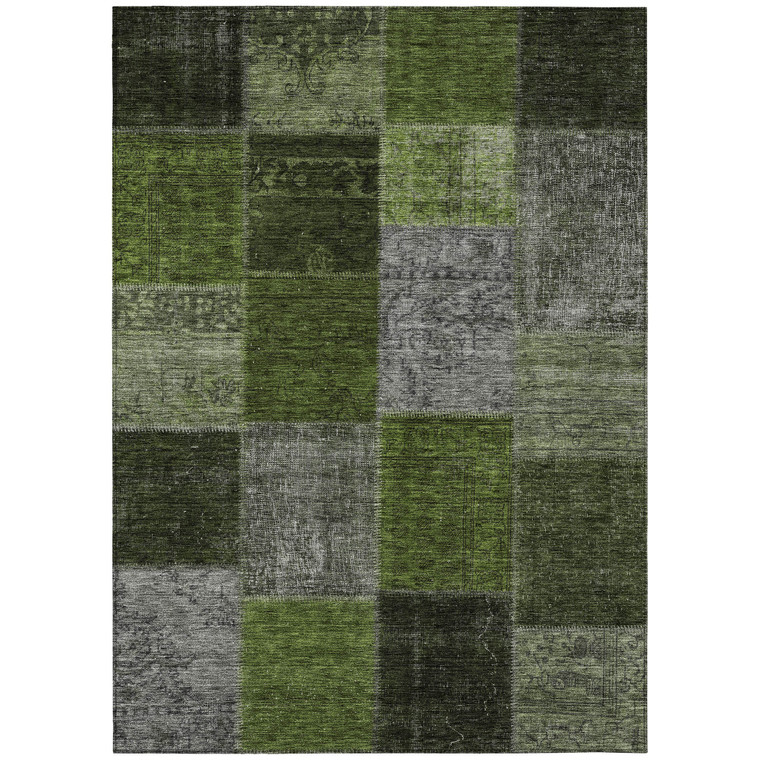 8' X 10' Olive Green And Artichoke Green Patchwork Washable Indoor Outdoor Area Rug - Olive Green, Artichoke Green