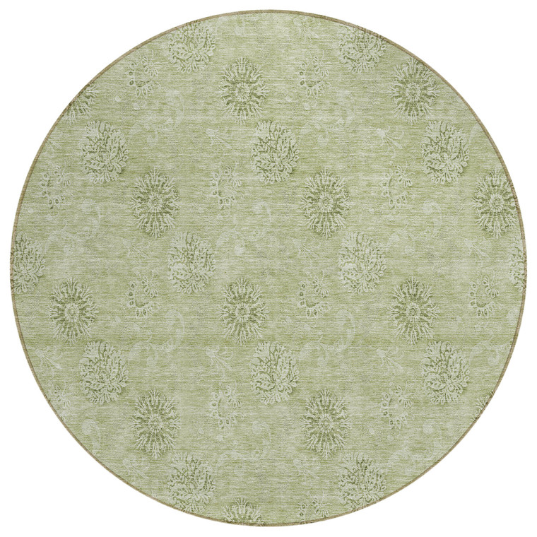8' Sage And Artichoke Green Round Floral Washable Indoor Outdoor Area Rug - Sage, Artichoke Green