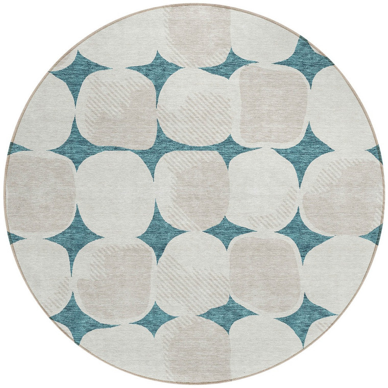 8' Teal Blue Beige And Ivory Round Abstract Washable Indoor Outdoor Area Rug