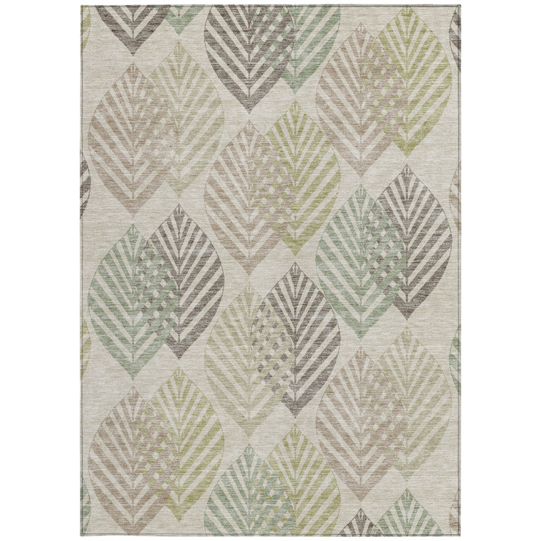 9' X 12' Beige Taupe And Artichoke Green Floral Washable Indoor Outdoor Area Rug