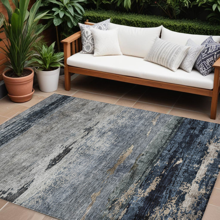 9' X 12' Navy Blue Gray And Black Abstract Washable Indoor Outdoor Area Rug
