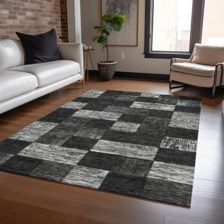 10' X 14' Black And Gray Geometric Washable Indoor Outdoor Area Rug - Black, Gray