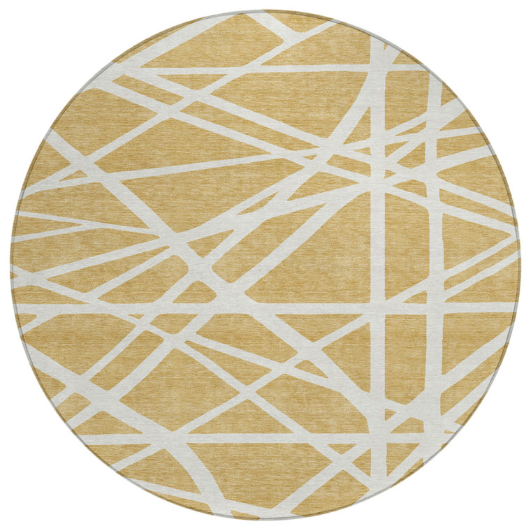 8' Gold And Ivory Round Geometric Washable Indoor Outdoor Area Rug Transitional Style - Gold, Ivory Color