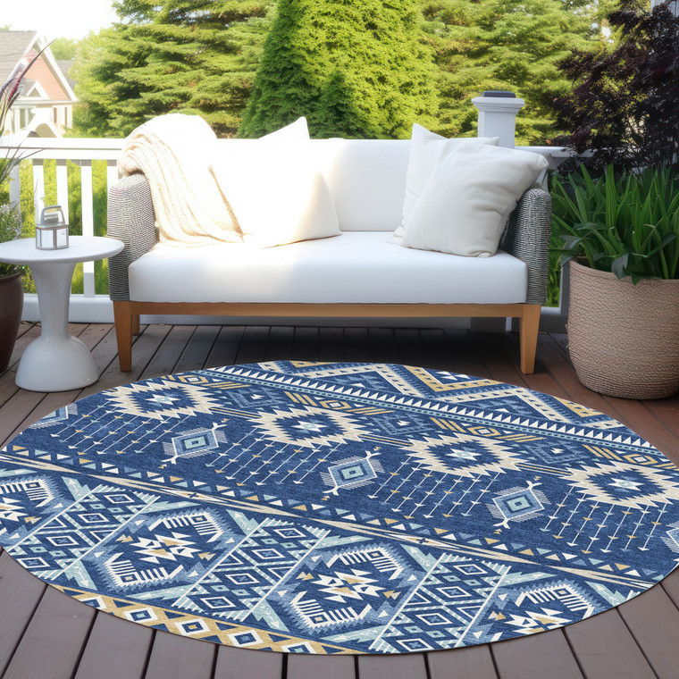 8' Navy Blue Beige And Ivory Round Aztec Washable Indoor Outdoor Area Rug