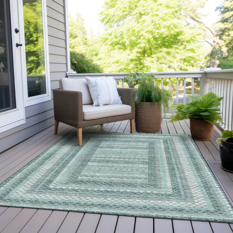 9' X 12' Teal Blue And Ivory Geometric Washable Indoor Outdoor Area Rug - Teal Blue, Ivory