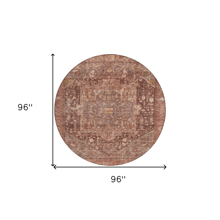 8' Burgundy Round Medallion Washable Indoor Outdoor Area Rug